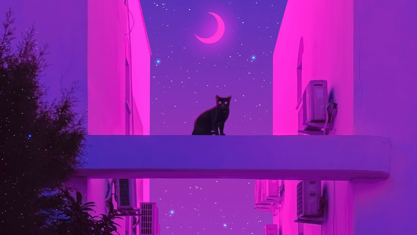 Neon Nights With Meow Synthwave City Cat Wallpaper