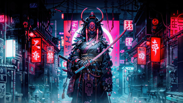 Neon Samurai In Futuristic Tokyo Wallpaper