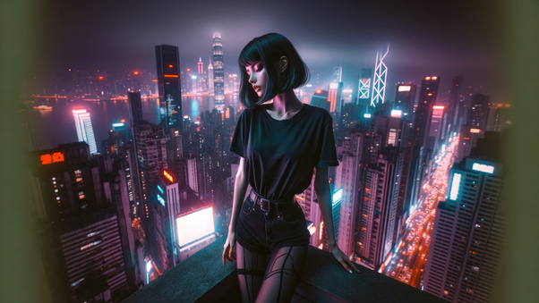 Neon Short Hair Asian Girl Wallpaper