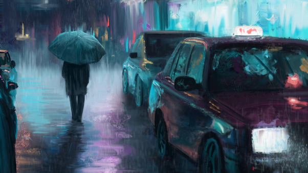 Night City Rain Art Wallpaper
