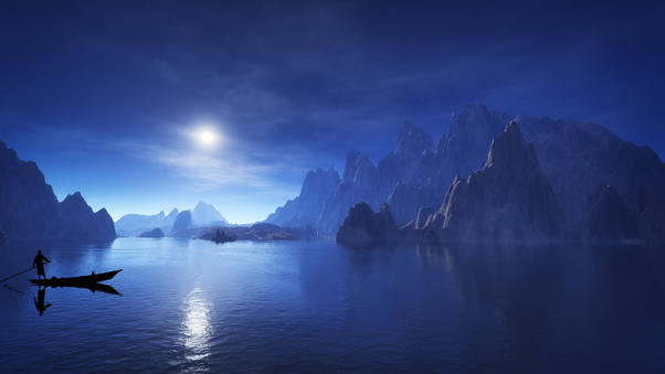 Night Lake Mountain Nature Sea Moon 4k Wallpaper