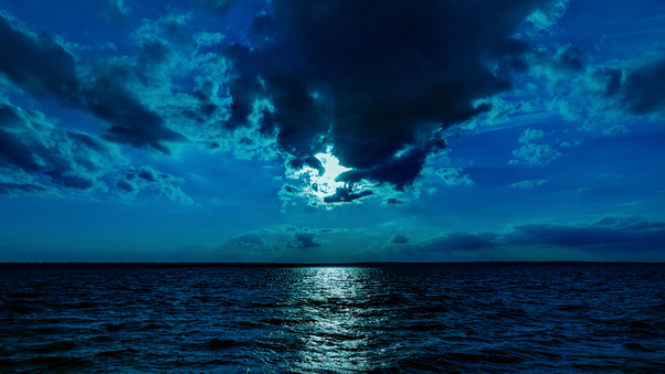 Night Moon Sea Sky Blue 4k Wallpaper