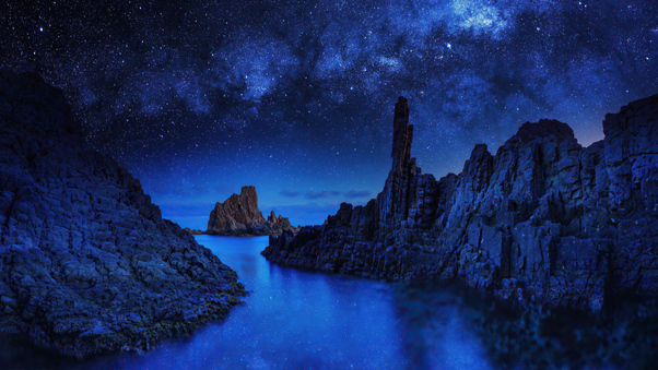 Ocean Rocks On Starry Night 4k Wallpaper
