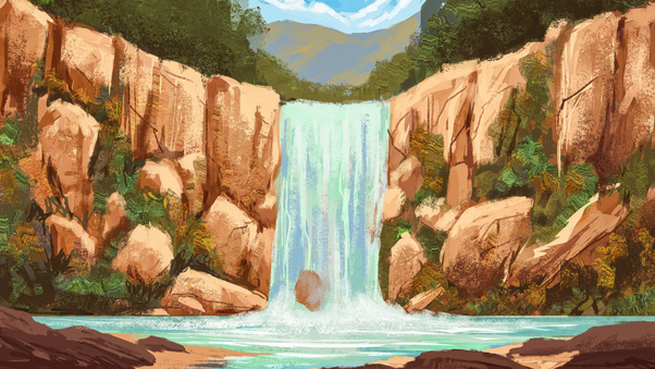 Orange Canyon Waterfall Illustration (2560x1440) Resolution Wallpaper
