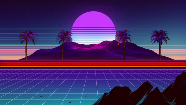 Palm Trees Neon Sun Rays 80s Wallpaper