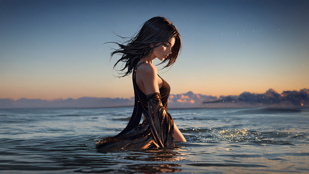 Peaceful Anime Asian Woman In Ocean At Sunset (2560x1440) Resolution Wallpaper