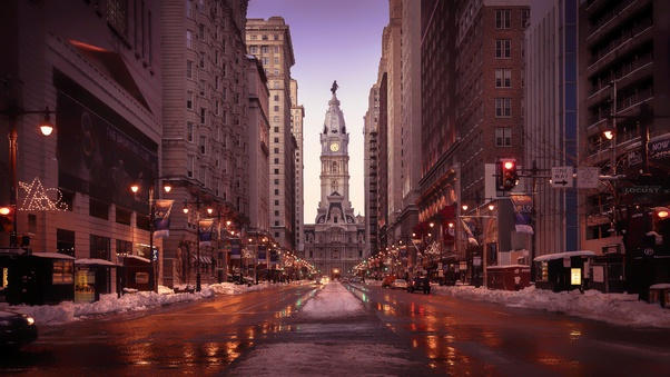 Philadelphia Streets Tall Buildings Road Snow Wallpaper