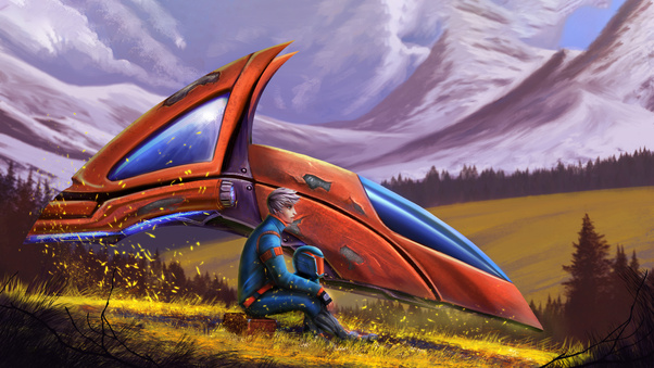Pilot Resting Against Crashed Spacecraft (2560x1080) Resolution Wallpaper