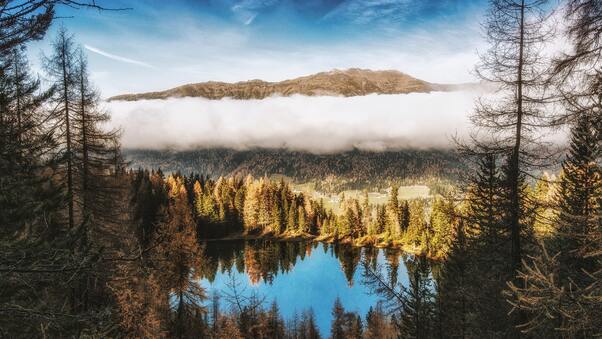 Pine Trees Beside Water Body Mountains Clouds 4k Wallpaper