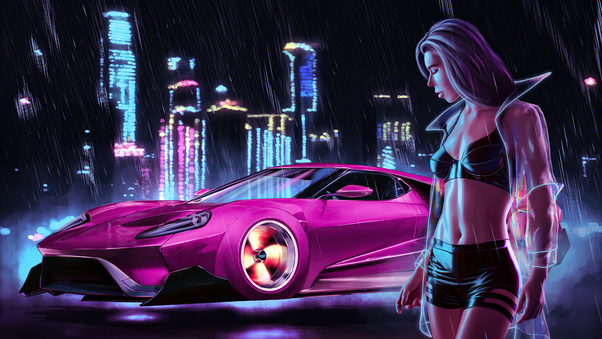Pink Car Cyberpunk Girl 4k Wallpaper
