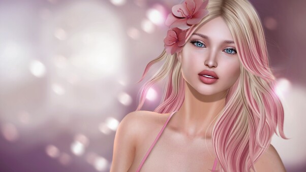 Pink Fantasy Blonde Girl Flower Artwork 5k Wallpaper