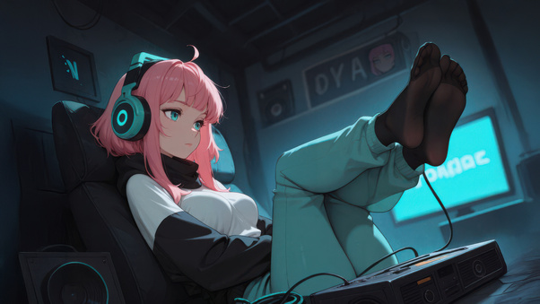 Pink Hair Girl Playing Games In Cozy Room Wallpaper
