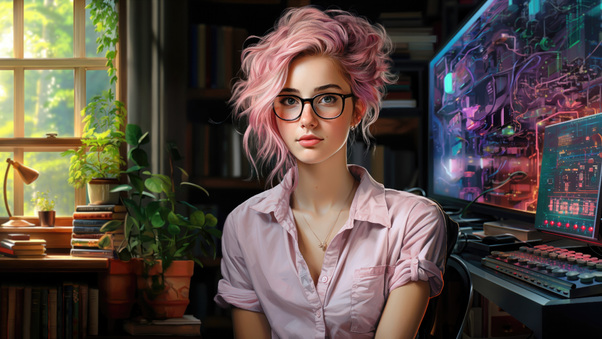 Pink Haired Girl With Glasses At Home Office Wallpaper