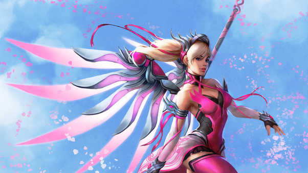 Pink Mercy Overwatch Wings Fantasy Digital Art Wallpaper