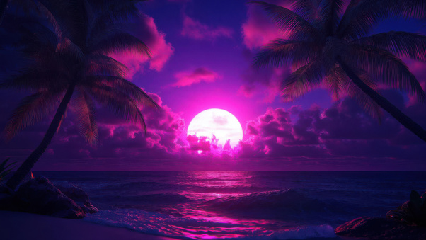 Pink Moon Over The Pacific Wallpaper