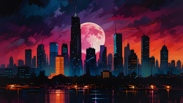 Pink Moon Rising Over City Vibrant Skyline Reflection Wallpaper