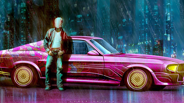 Pink Vintage Car Man Standing Outside Wallpaper