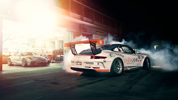 Porsche 911 Gt3 Cup Burning Out 4k Wallpaper