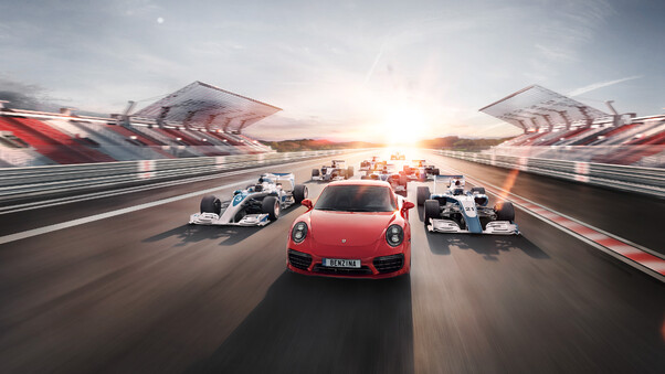 Porsche And F1 Car Wallpaper