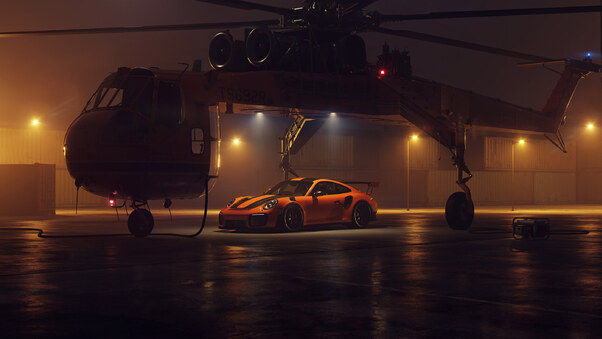 Porsche GT2RS With Helicopter Wallpaper