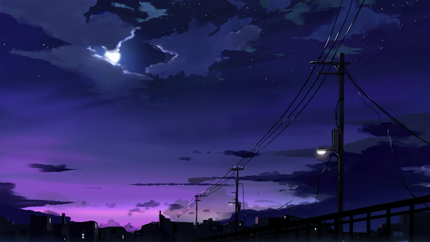 Power Lines Moon Anime Quite Night 4k Wallpaper