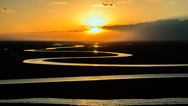 Prairie River Stream Curved Sunset Sunrise Nature Wallpaper