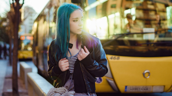 Purple Green Hair Girl In Public Wallpaper