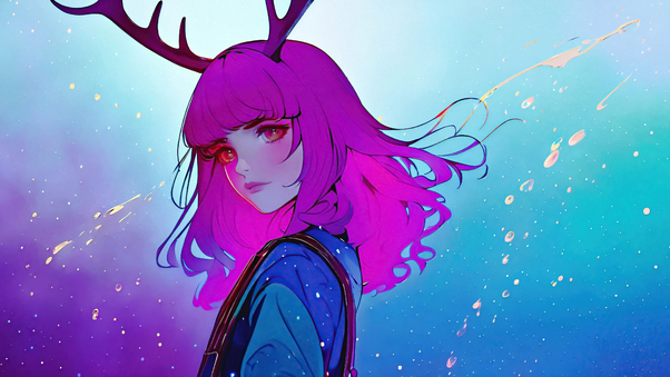 Purple Hair Girl With Horns Wallpaper