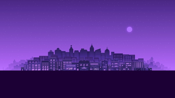 Purple Moon Stars Buildings City Minimal 4k Wallpaper