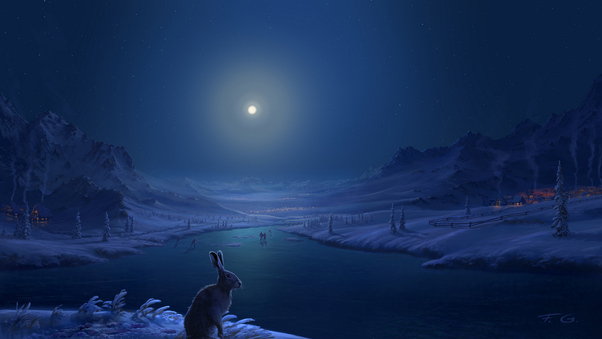 Rabbit Frozen Lake Dark Night Wallpaper