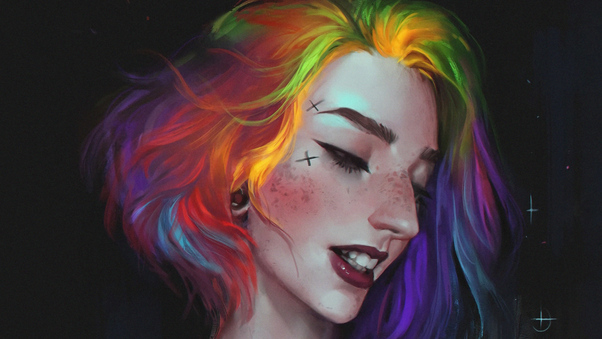 Rainbow Hairs Girl Portrait 4k Wallpaper