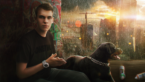 Rainy Mood Dog Boy Photo Manipulation Wallpaper
