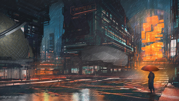 Rainy Night Man With Umbrella Scifi Drawings Digital Art Wallpaper