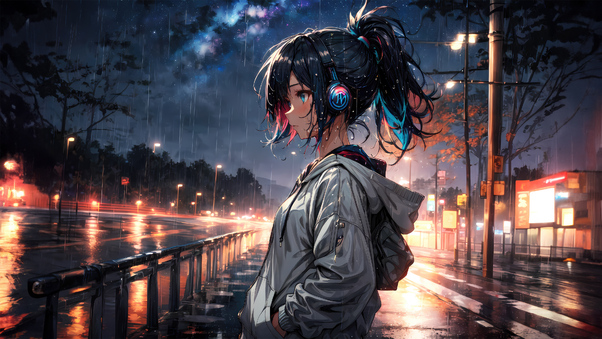 Rainy Road Serenade Anime Girl In The Wet Urban Glow Wallpaper