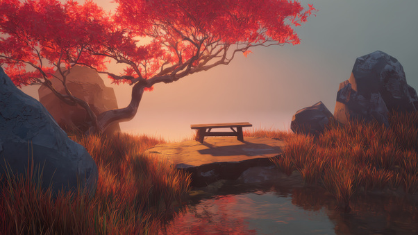 Red Autumn Tree And Wooden Bench (3000x2000) Resolution Wallpaper