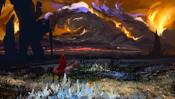 Red Coat Horse Field Landscape Fantasy Art 8k Wallpaper