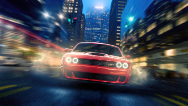 Red Dodge Challenger Roaming The City Streets Wallpaper