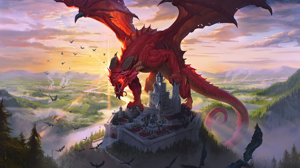 Red Dragon At Castle Wallpaper