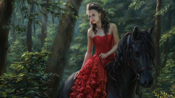 Red Dress Ancient Girl On Horse 4k Wallpaper