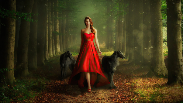 Red Dress Girl Walking With Dogs Wallpaper