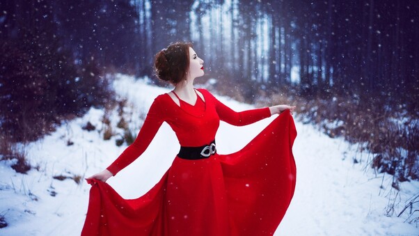 Red Dress Woman In Snow Wallpaper
