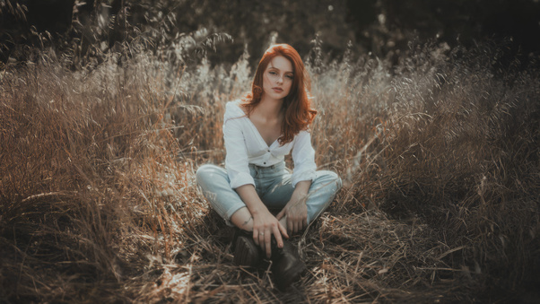 Red Hair In Model In Golden Fields (1920x1080) Resolution Wallpaper