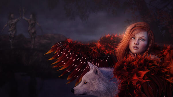 Red Head Girl With Wolf Wallpaper