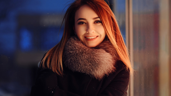 Red Long Hair Girl Winter Coat Smiling 4k Wallpaper