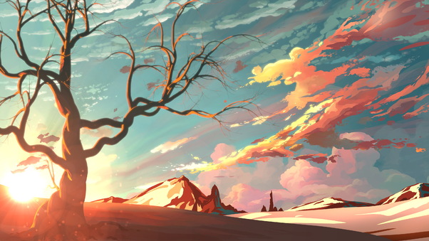 Red Sky Mountains Trees Digital Art Painting 4k Wallpaper