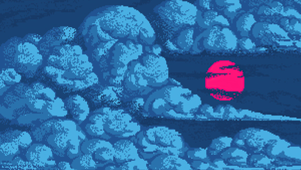 Red Sun In Blue Clouds Pixel Art 4k Wallpaper