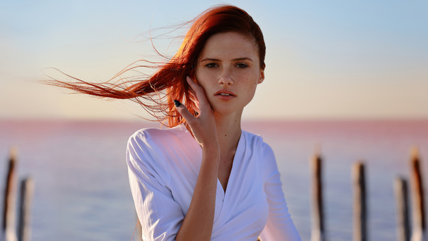 Redhead Model White Dress Looking At Viewer Wallpaper