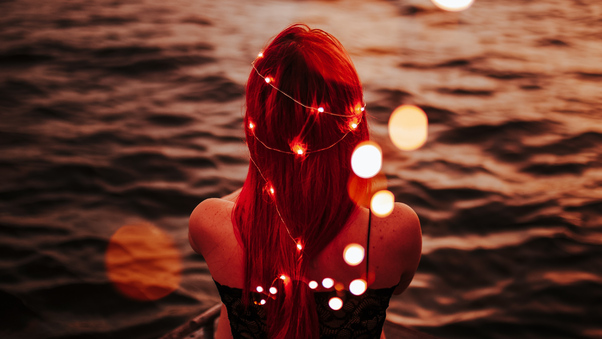 Redhead Women City Lights Horizon Sitting On Pier Wallpaper