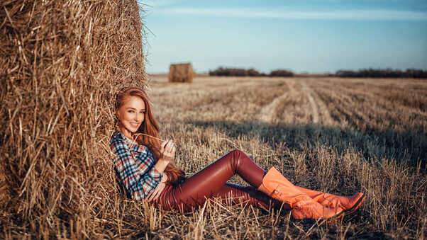Redhead Women Outdoors In Leather Pants Wallpaper