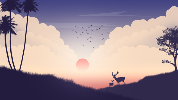 Reindeer Sunset View Minimalism Wallpaper